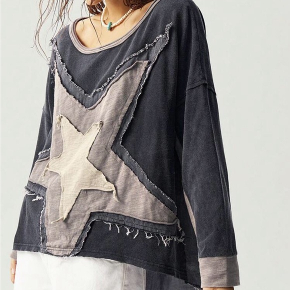 Star patchwork top shirt short sleeve Black and Gray Star Patch Sweater - Picture 1 of 4